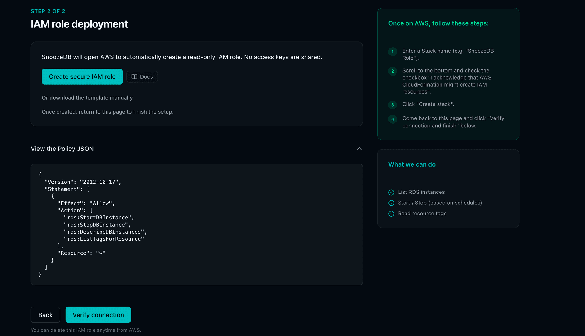SnoozeDB cloud integrations page showing connected AWS accounts