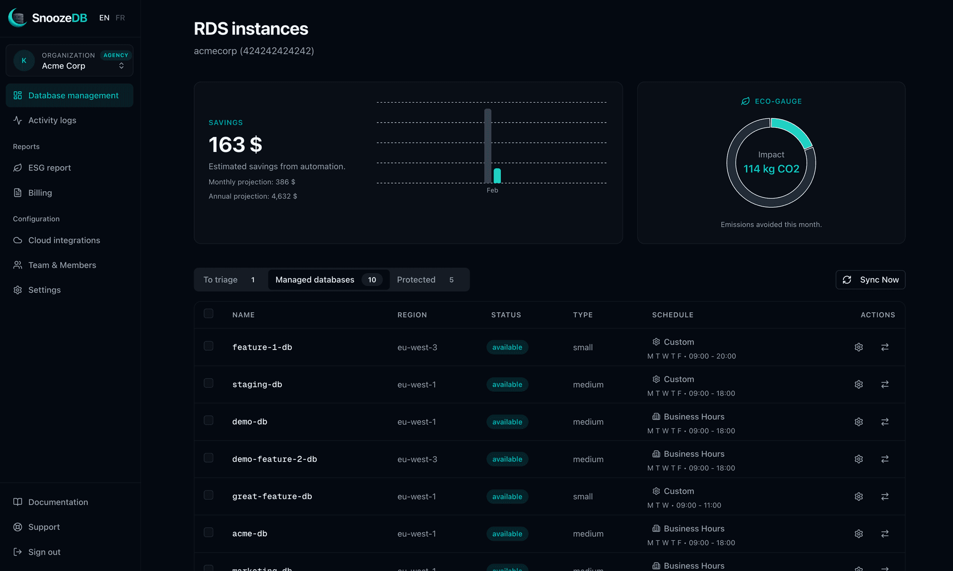 SnoozeDB dashboard showing savings chart and managed databases