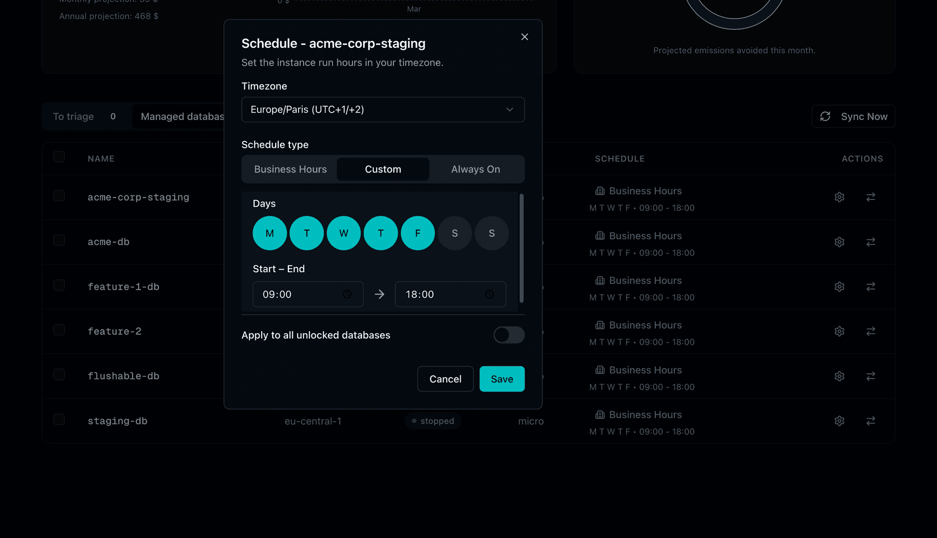 SnoozeDB dashboard showing RDS instances ready to be scheduled