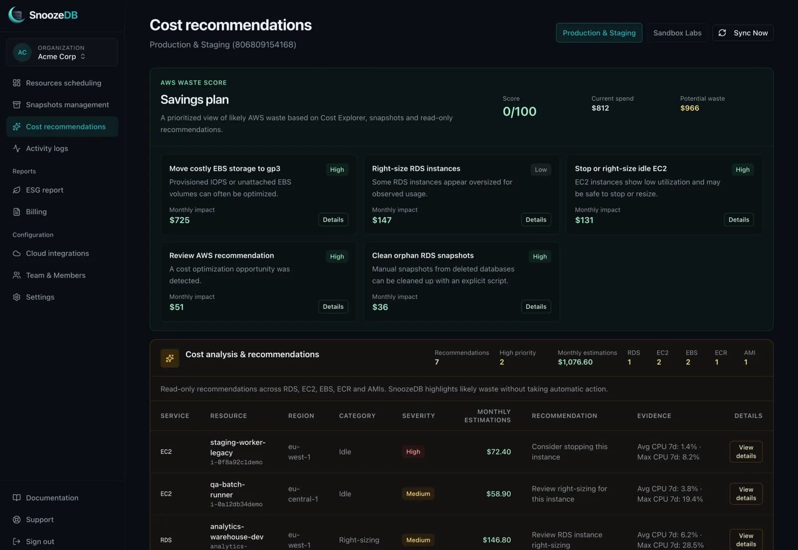 SnoozeDB cost recommendations showing prioritized AWS waste opportunities