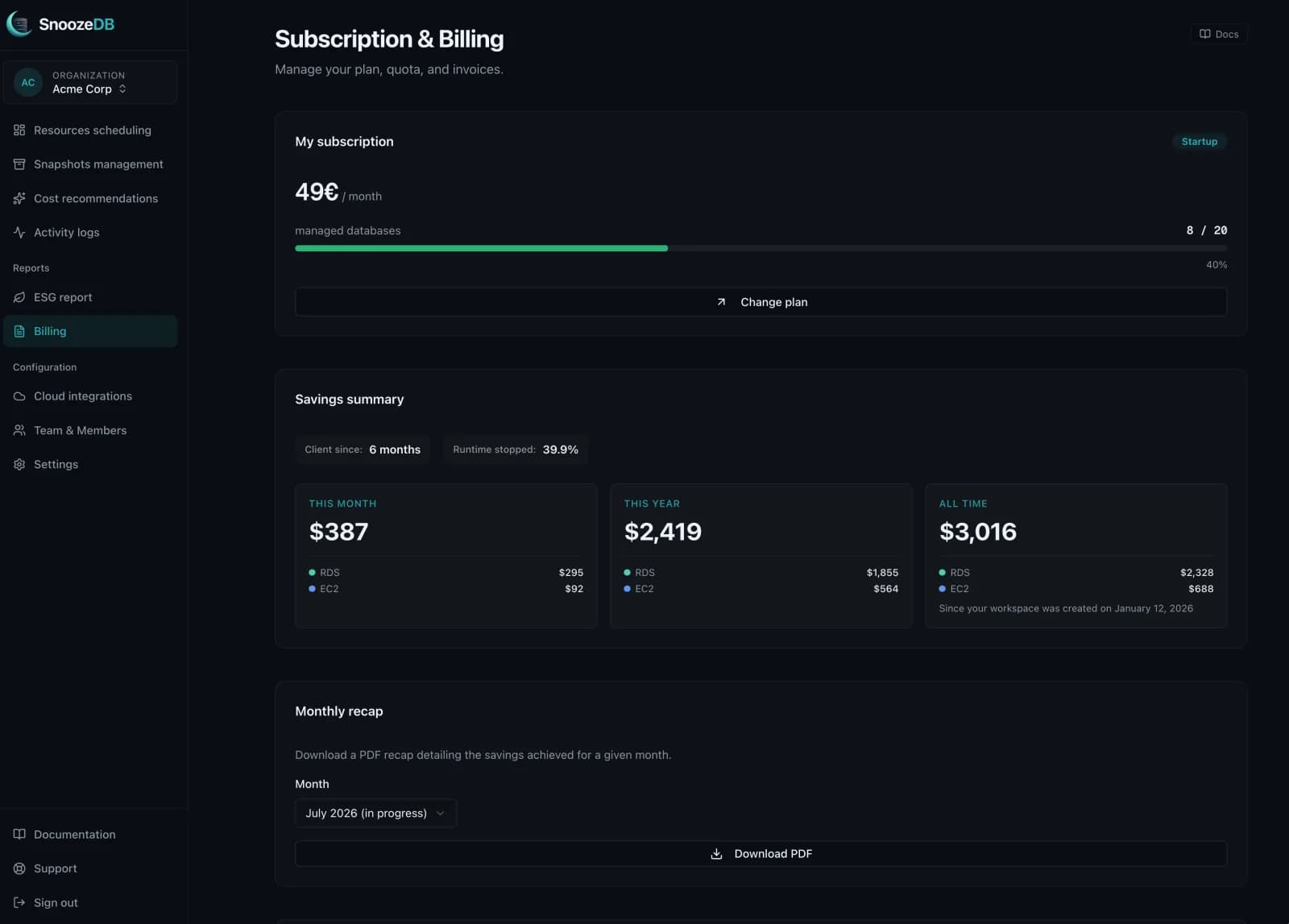 SnoozeDB savings summary showing monthly, annual and all-time savings