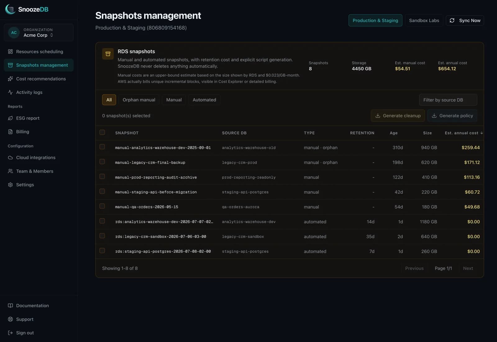 SnoozeDB snapshot management showing storage and estimated annual costs